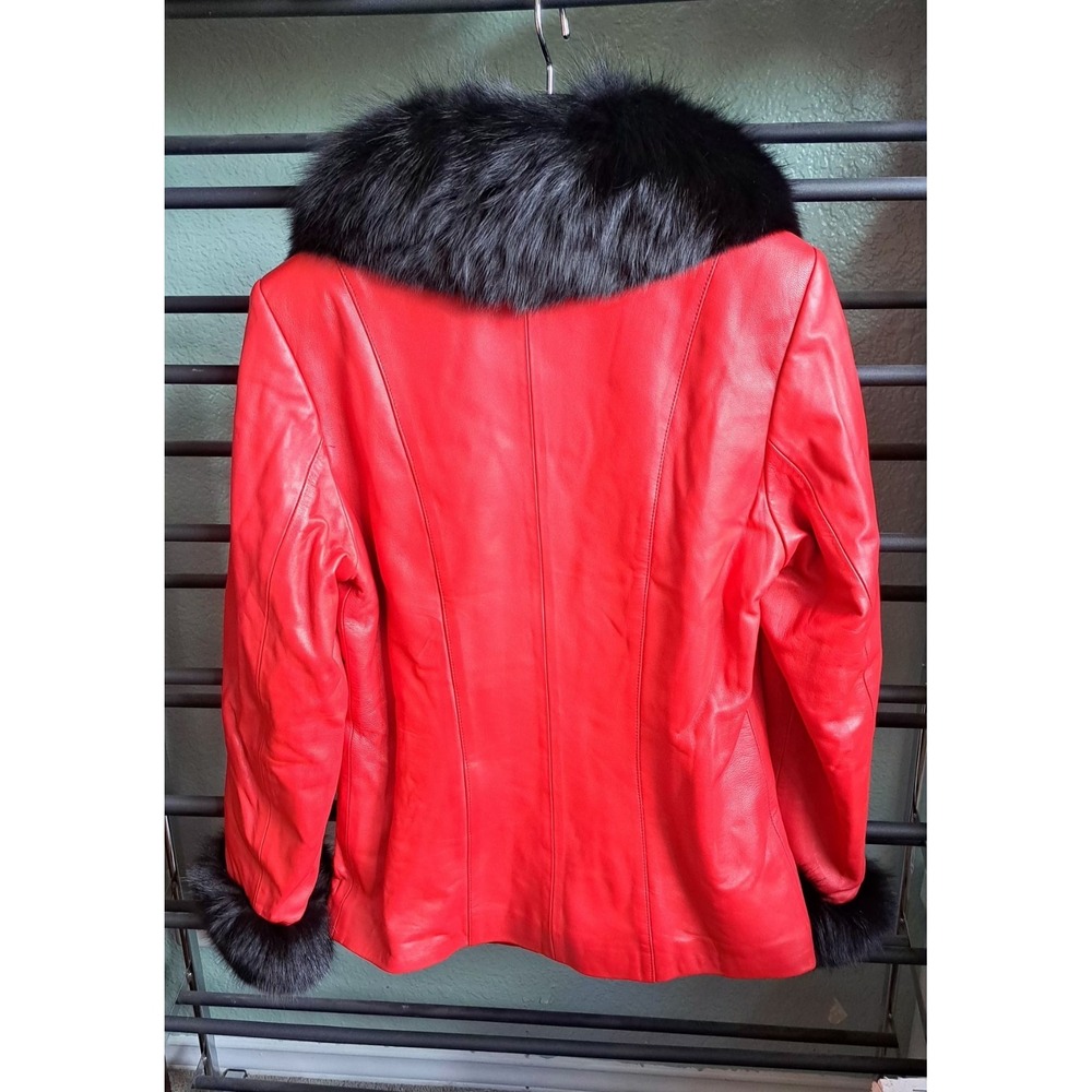 Y2K Vintage Chosen Couture Red Leather Jacket Black Fox Fur Collar Mob Wife - Picture 8 of 11